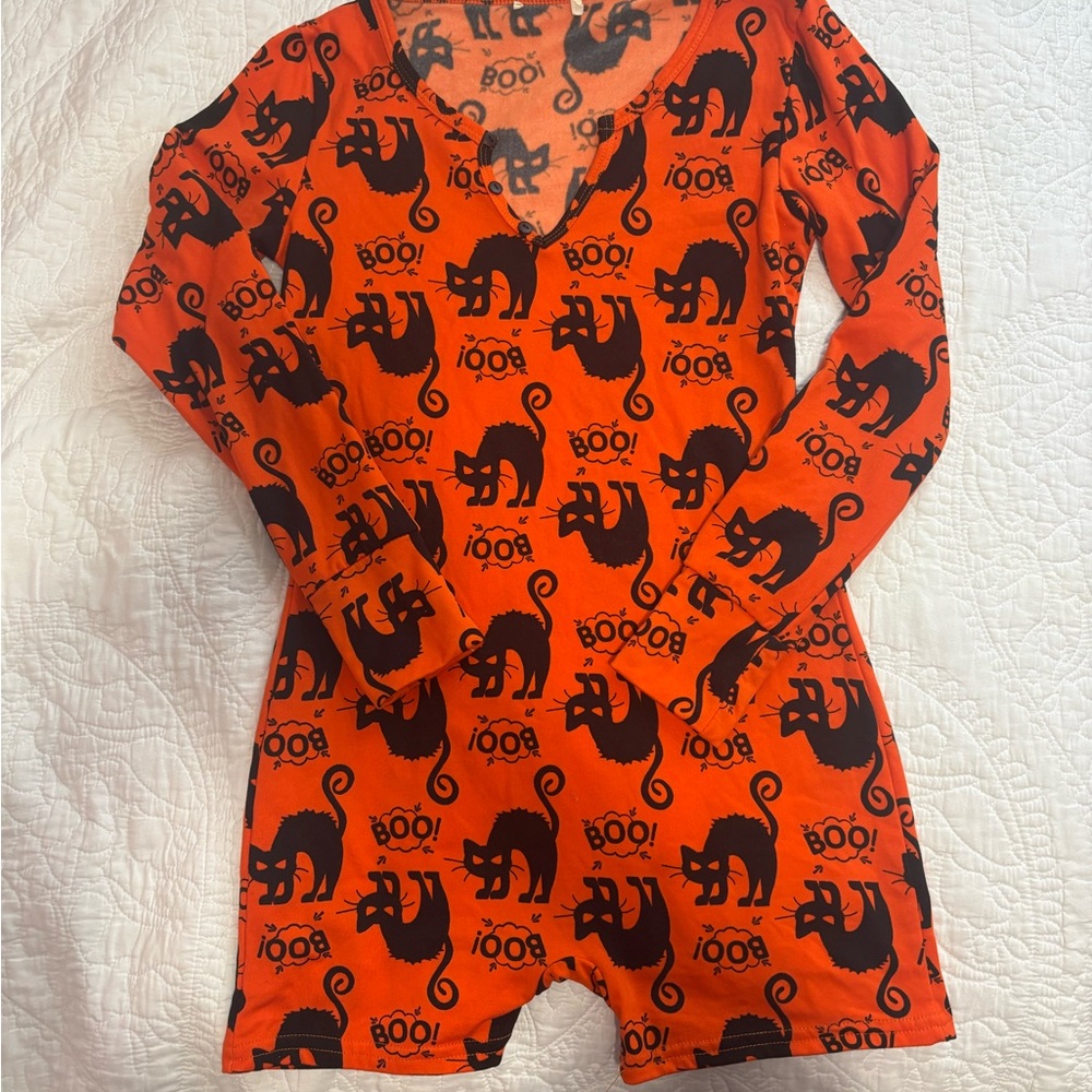 Orange and Black Cat Print Kids One Piece